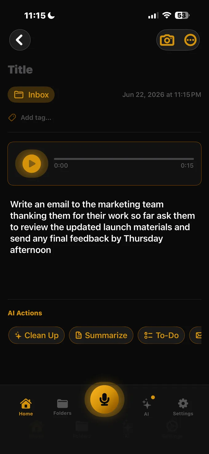 MySecretary: Voice to action — a transcribed voice note with AI actions: Clean Up, Summarize, To-Do